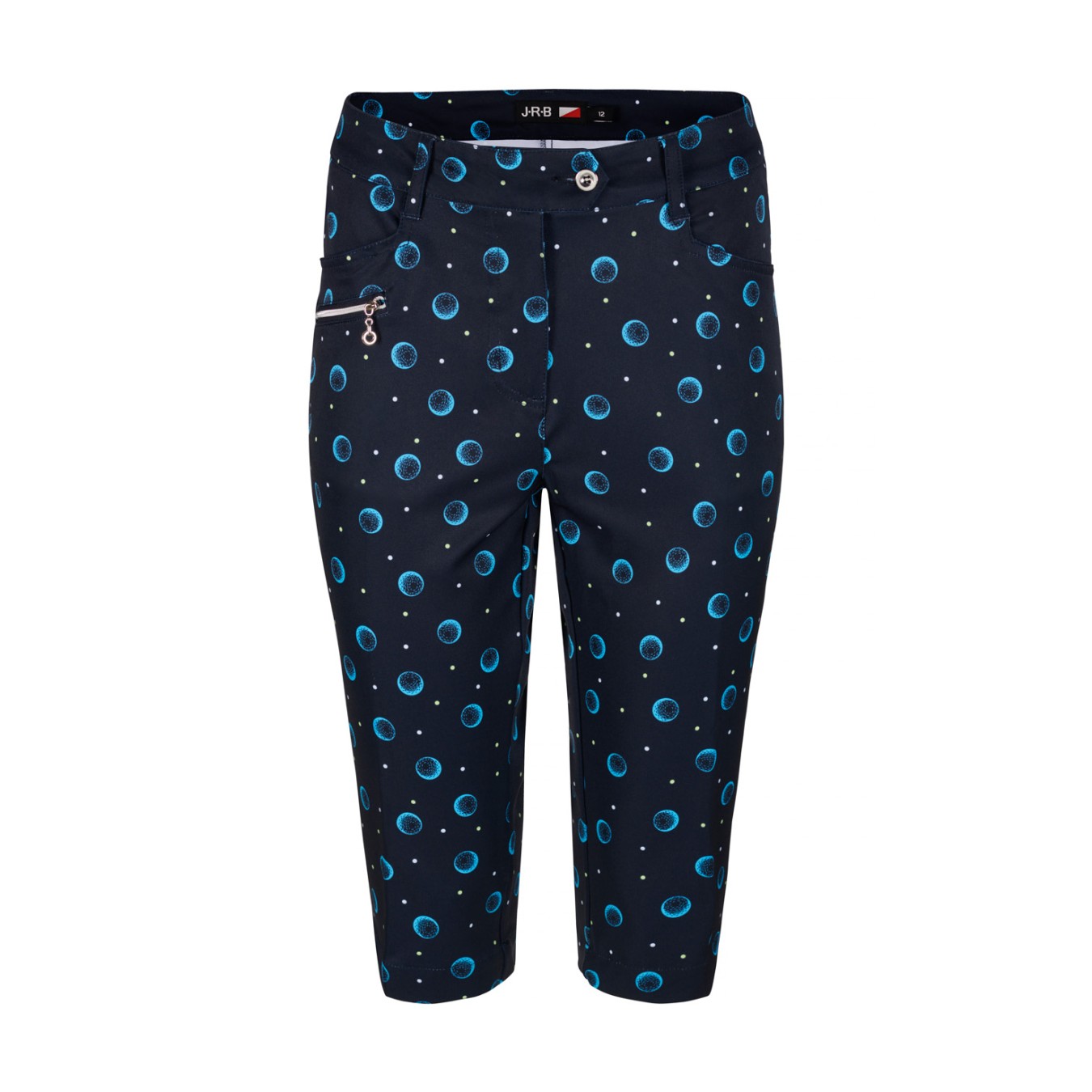 JRB Women's Golf City Shorts - Navy with River Blue Golf Balls and Lime and White Spots Print