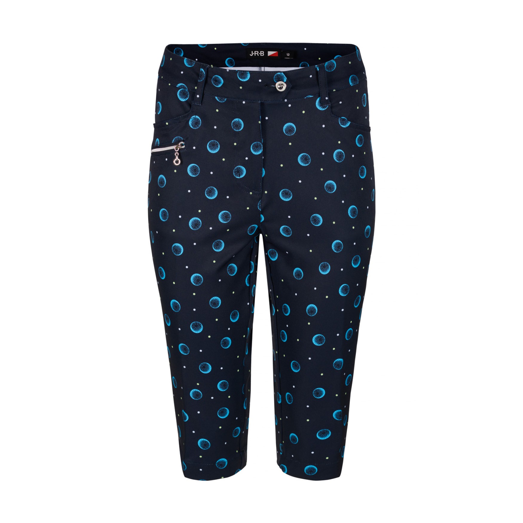 JRB Women's Golf City Shorts - Navy with River Blue Golf Balls and Lime and White Spots Print