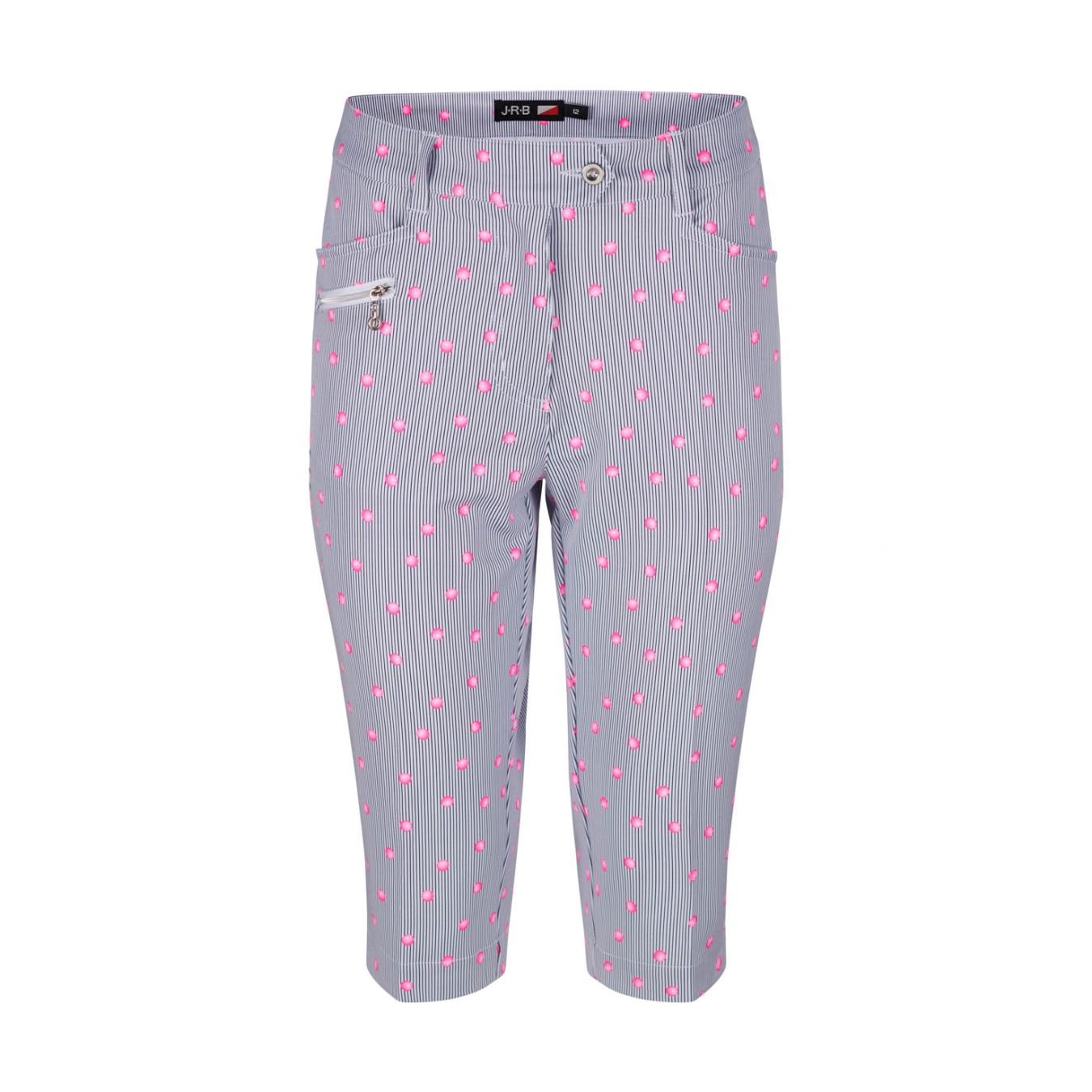JRB Women's Golf City Shorts - White with Black Pin Stripes and Rose Pink Spots Print