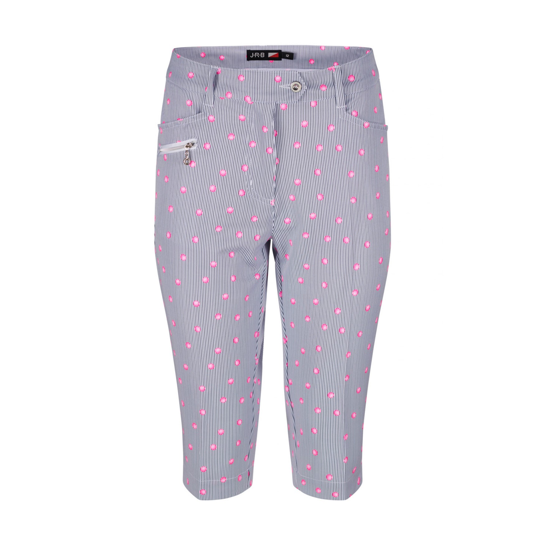 JRB Women's Golf City Shorts - White with Black Pin Stripes and Rose Pink Spots Print