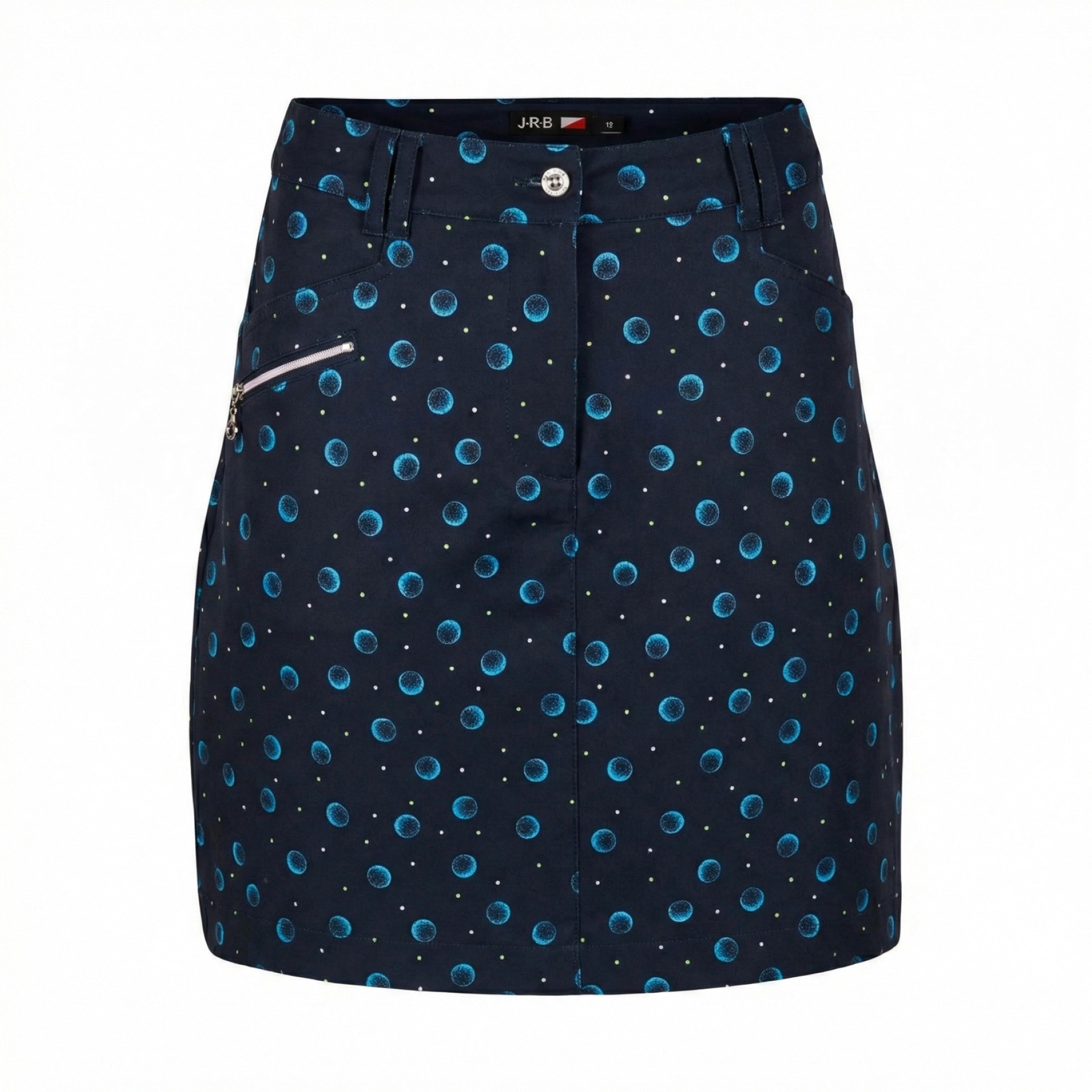 JRB Women's Golf Skort - Navy with River Blue Golf Balls and Lime and White Spots Print