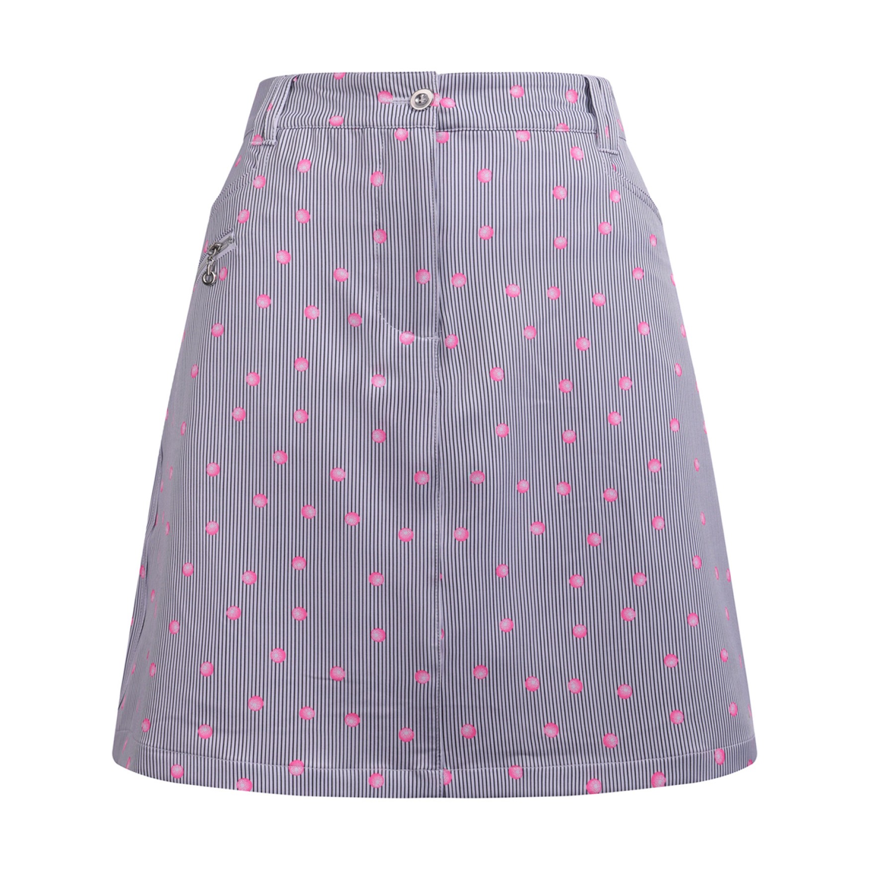 JRB Women's Golf Skort - White with Black Pin Stripes and Rose Pink Spots Print