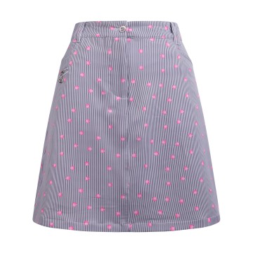 JRB Women's Golf Skort - White with Black Pin Stripes and Rose Pink Spots Print
