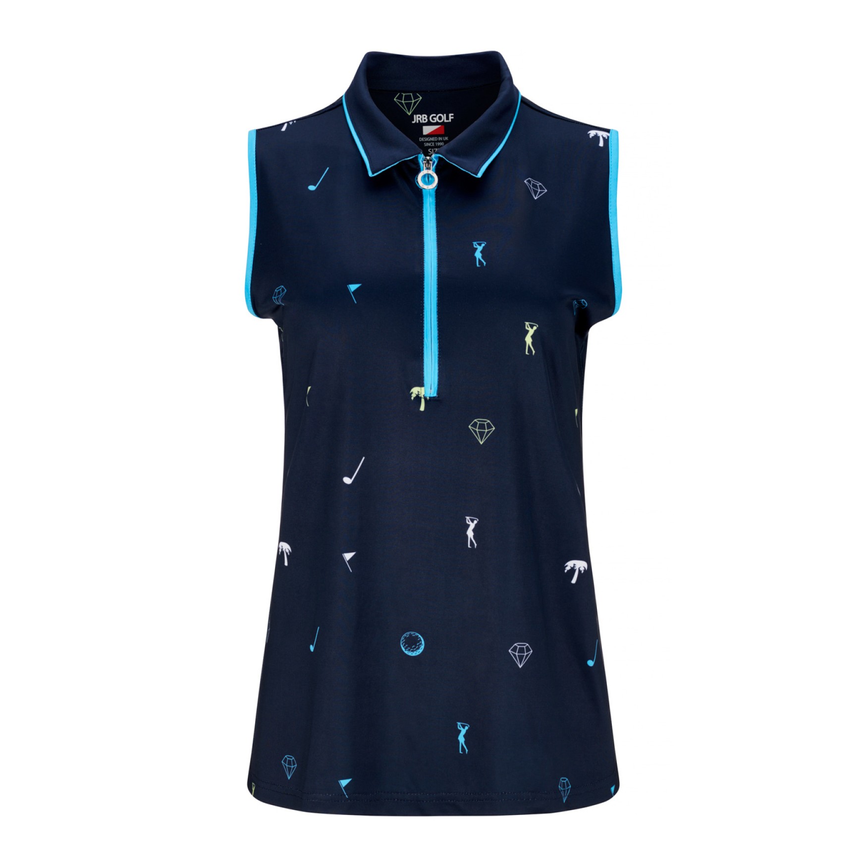 JRB Women's Golf Fashion Shirt - Navy with Blue, Lime and White Detail - Sleeved or Sleeveless