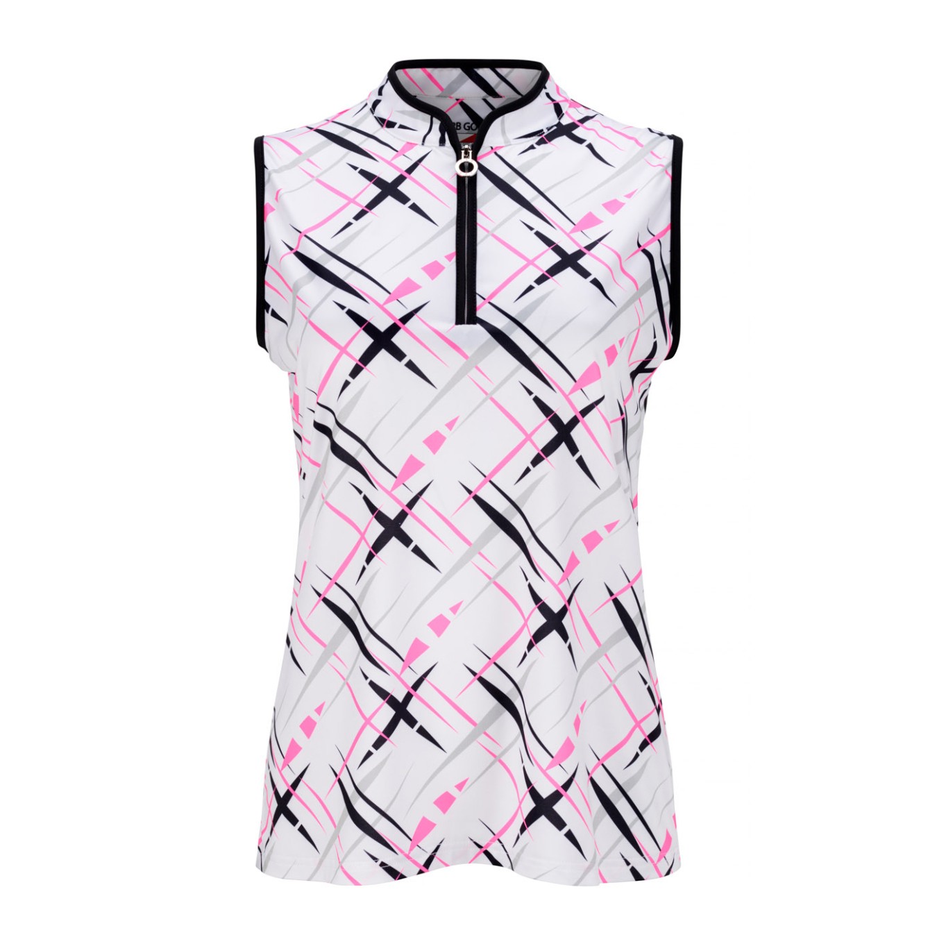 JRB Women's Golf Fashion Shirt - White with Black, Pink and  Grey Cross Print - Sleeved or Sleeveless