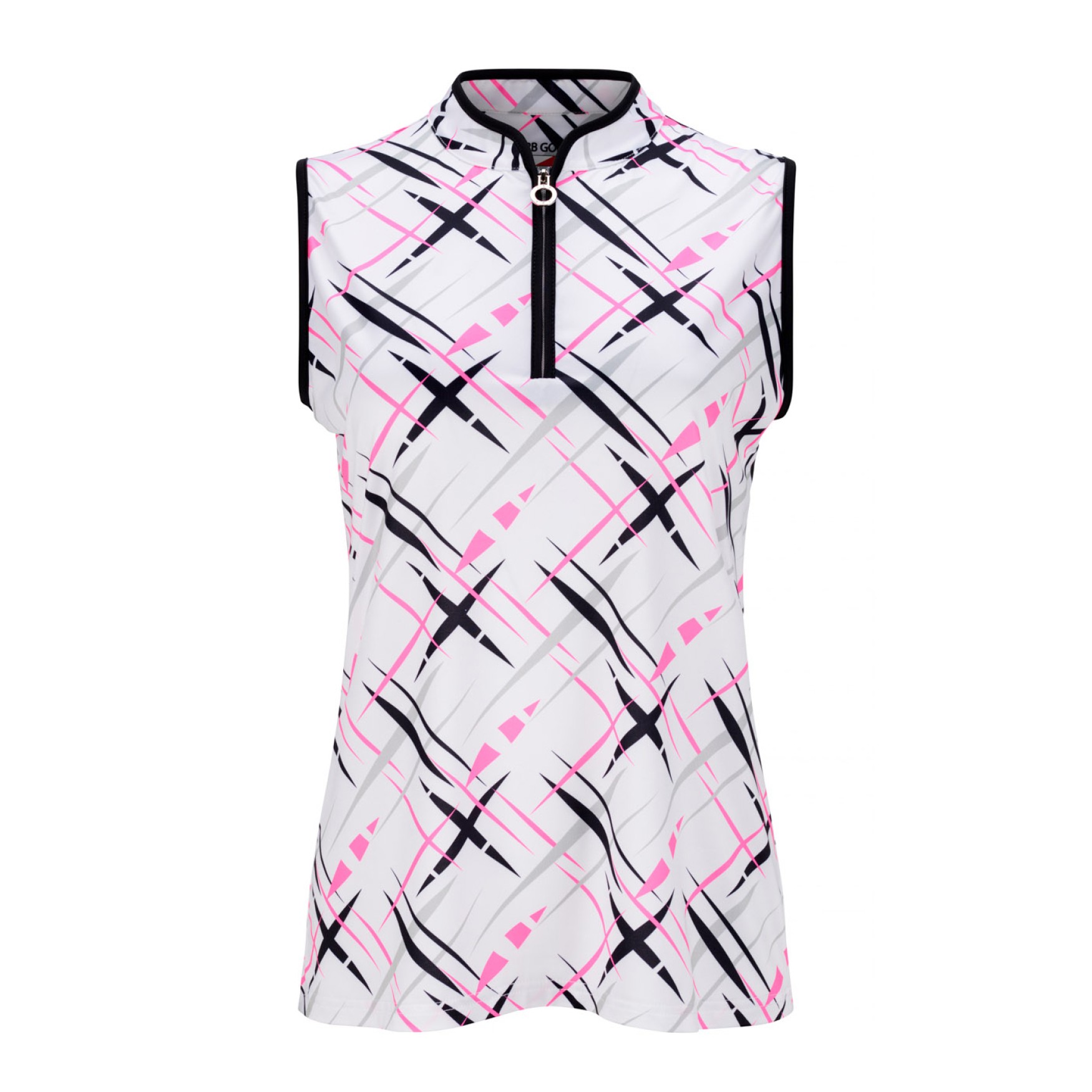 JRB Women's Golf Fashion Shirt - White with Black, Pink and  Grey Cross Print - Sleeved or Sleeveless