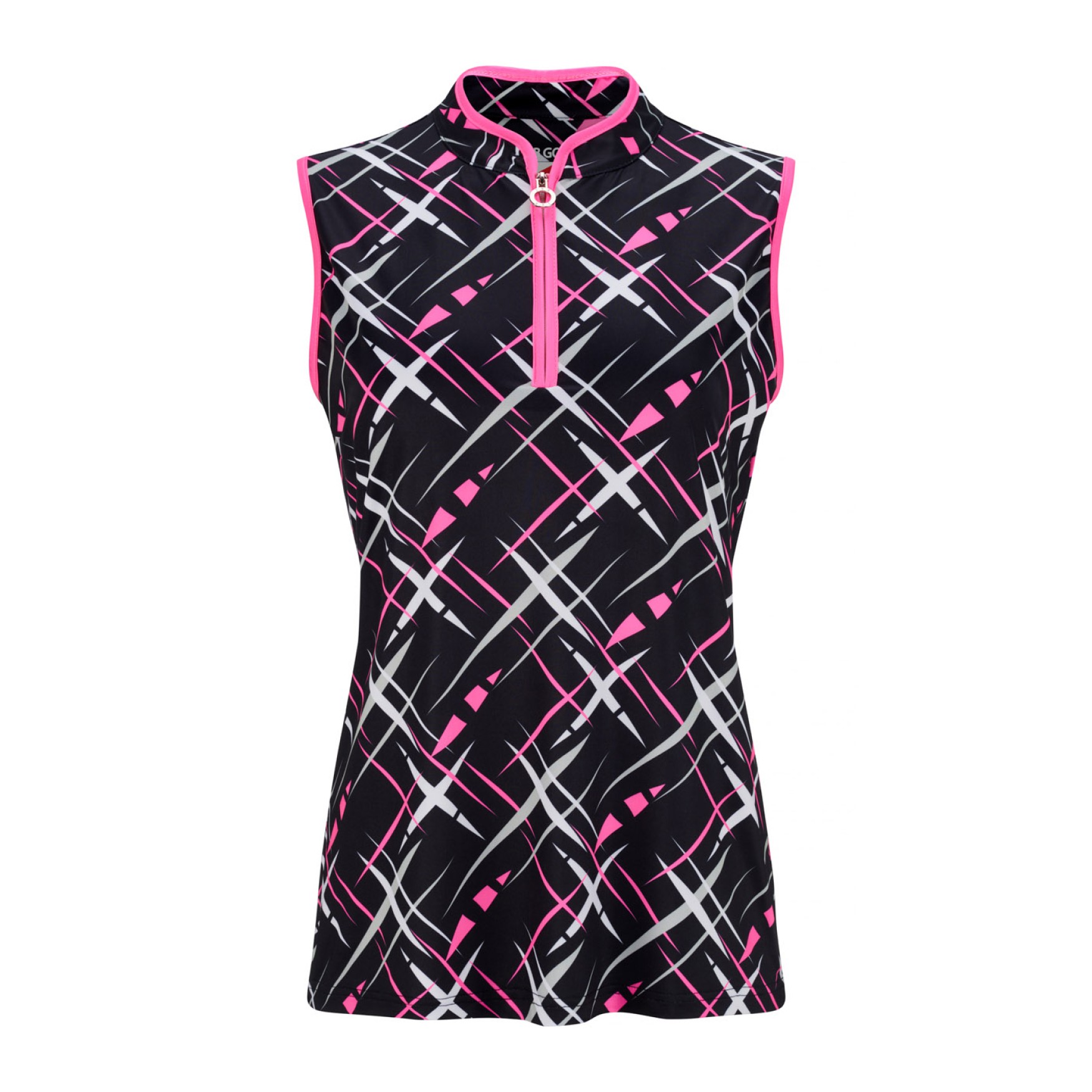 JRB Women's Golf Fashion Shirt - Black with White, Pink and Grey Cross Print - Sleeved or Sleeveless