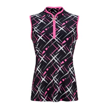 JRB Women's Golf Fashion Shirt - Black with White, Pink and Grey Cross Print - Sleeved or Sleeveless