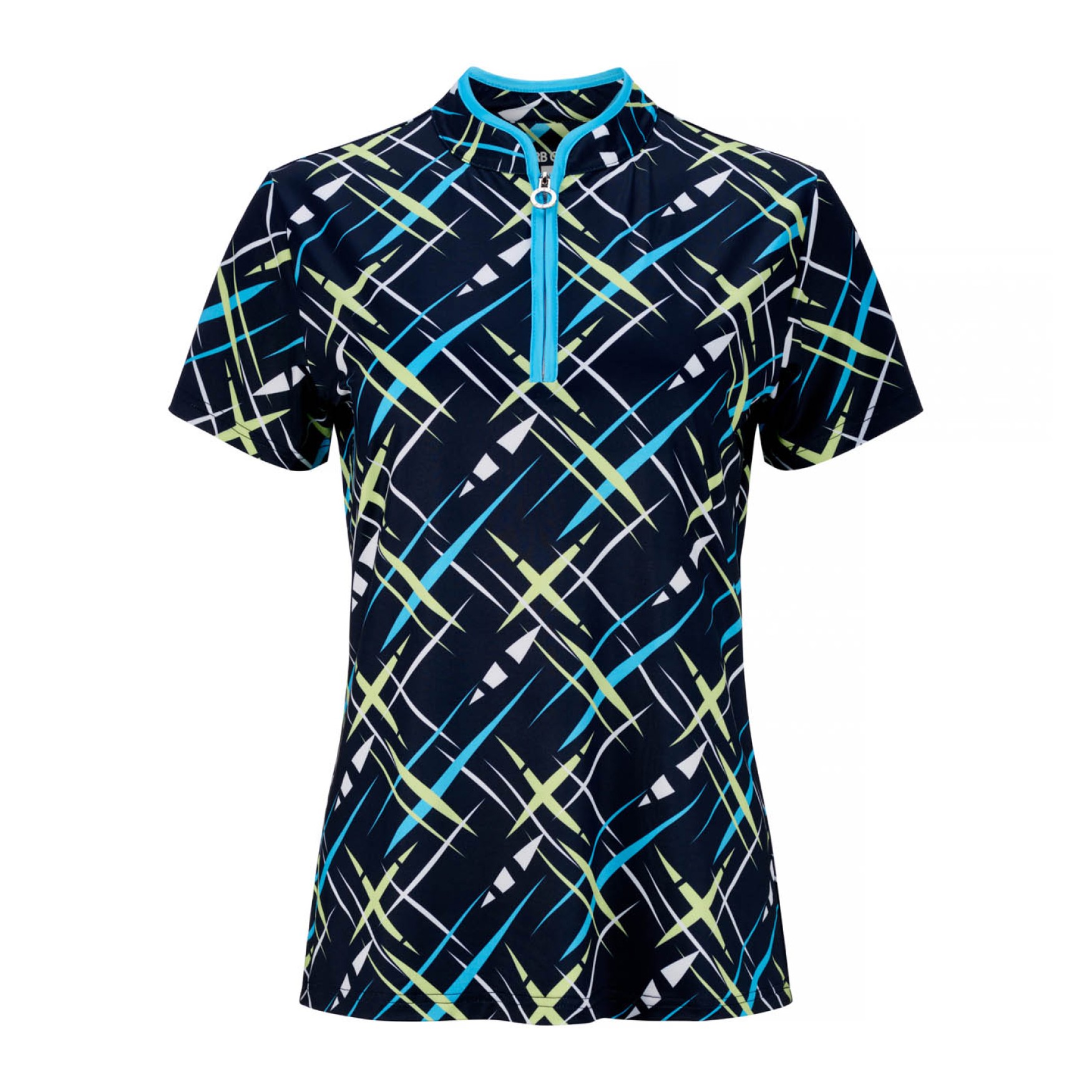 JRB Women's Golf Fashion Shirt - Navy with Blue, Lime and White Cross Print - Sleeved or Sleeveless