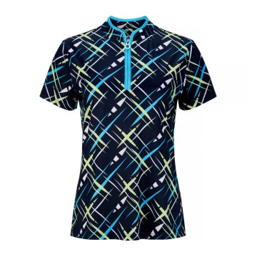 JRB Women's Golf Fashion Shirt - Navy with Blue, Lime and White Cross Print - Sleeved or Sleeveless