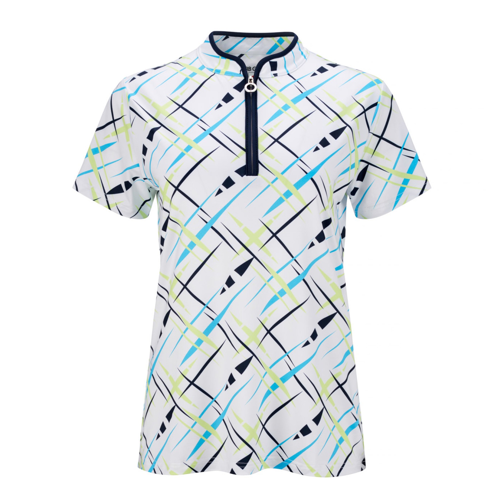 JRB Women's Golf Fashion Shirt - White with Navy, Blue and Lime Cross Print - Sleeved or Sleeveless