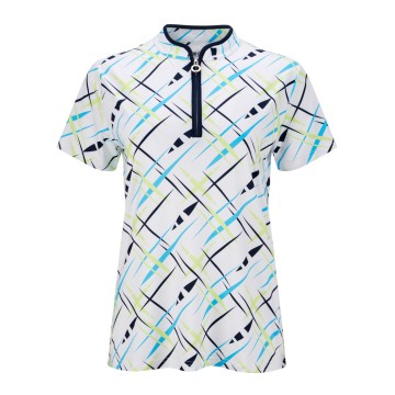 JRB Women's Golf Fashion Shirt - White with Navy, Blue and Lime Cross Print - Sleeved or Sleeveless